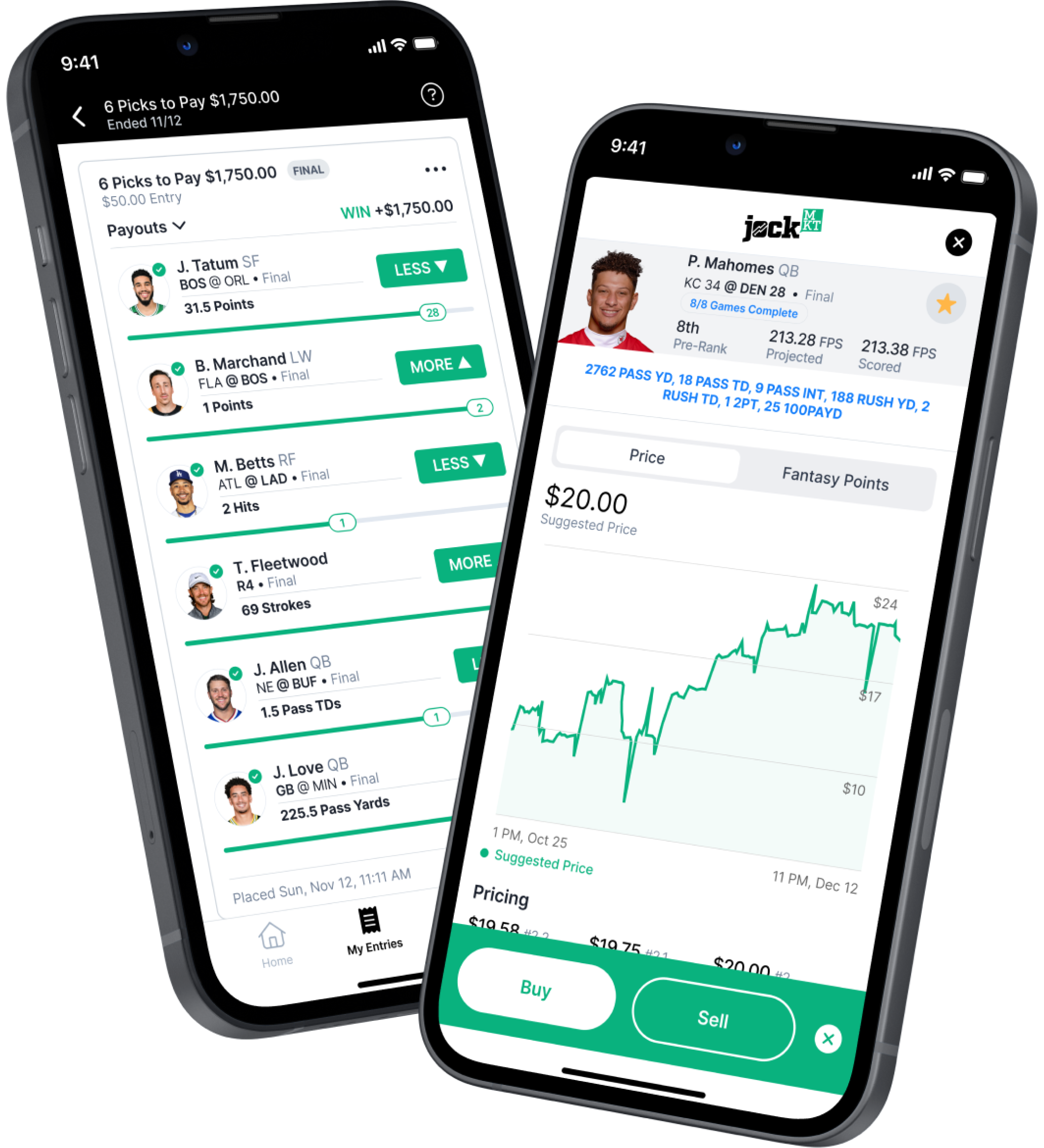 Jock MKT sports prediction app on two angled iPhones