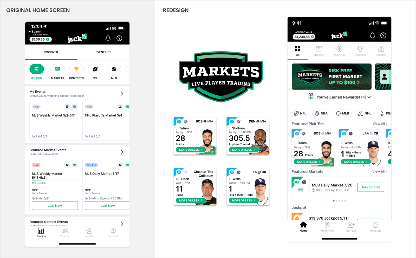 Jock MKT original and redesigned home screens
