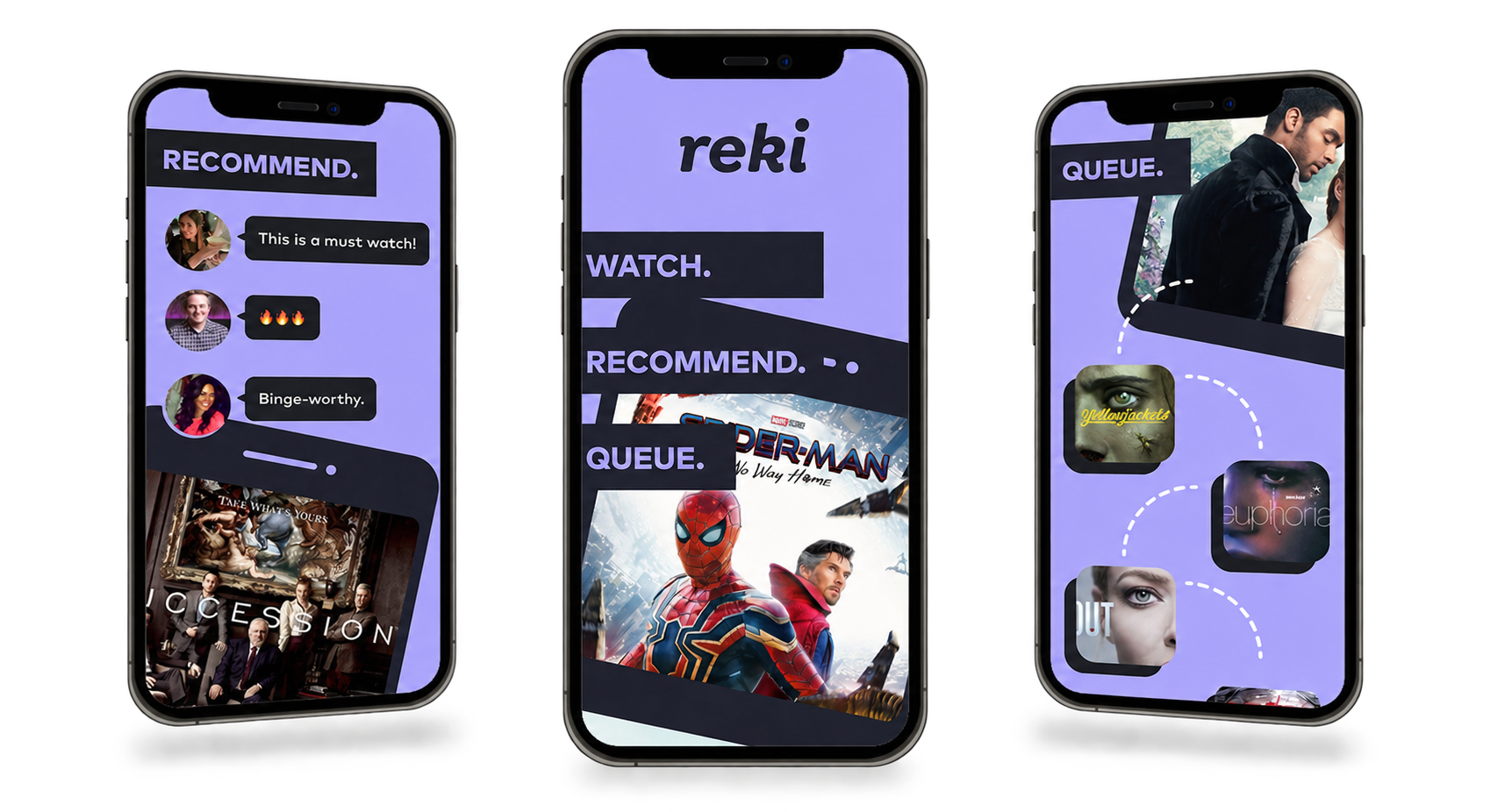 Reki recommendation app on three iPhones