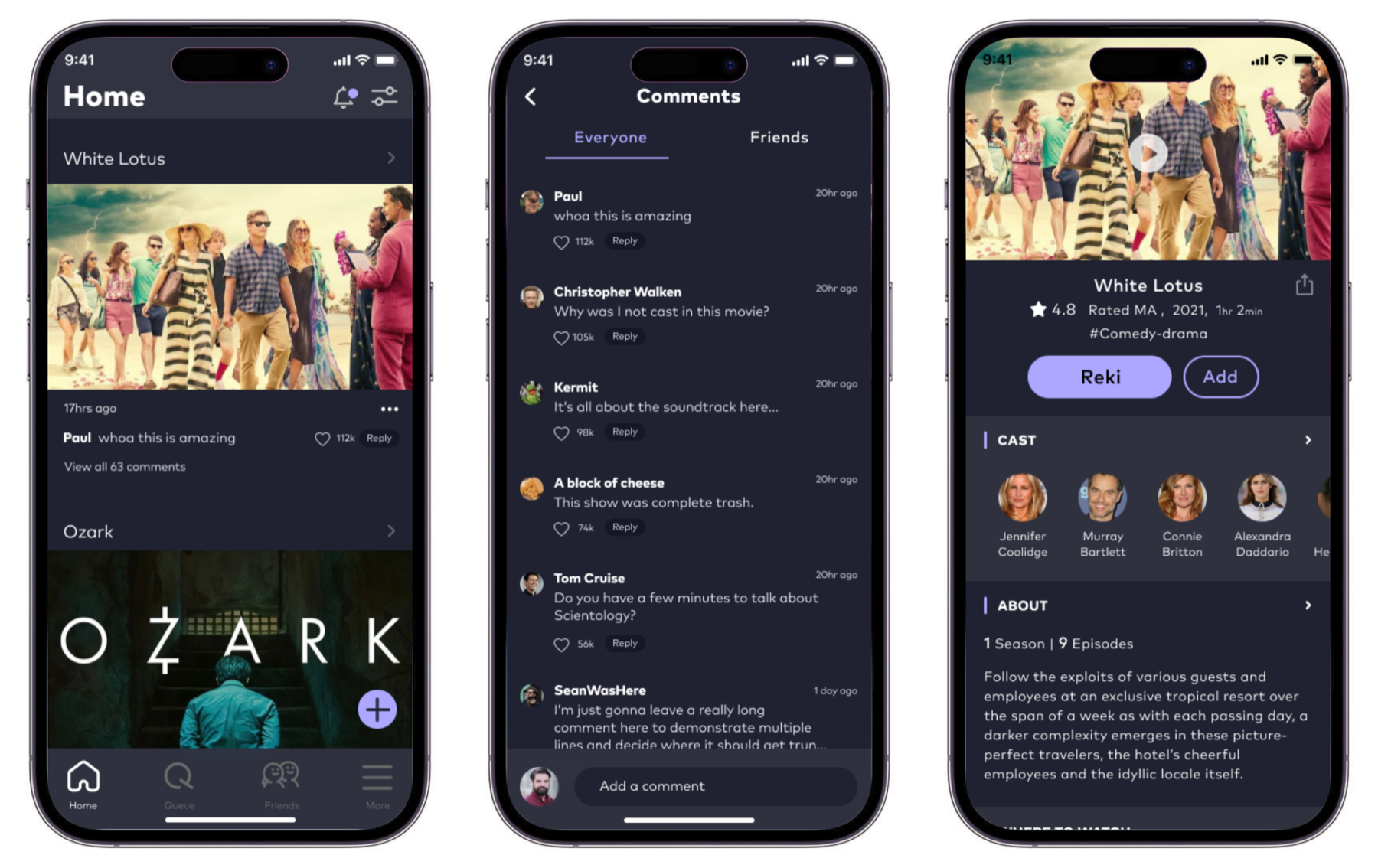 Reki home, comments, and show detail screens