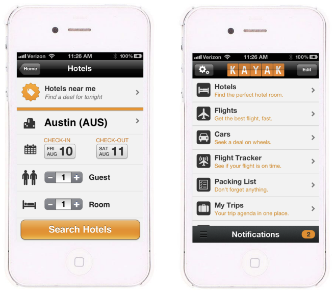 Kayak early iPhone travel app screens