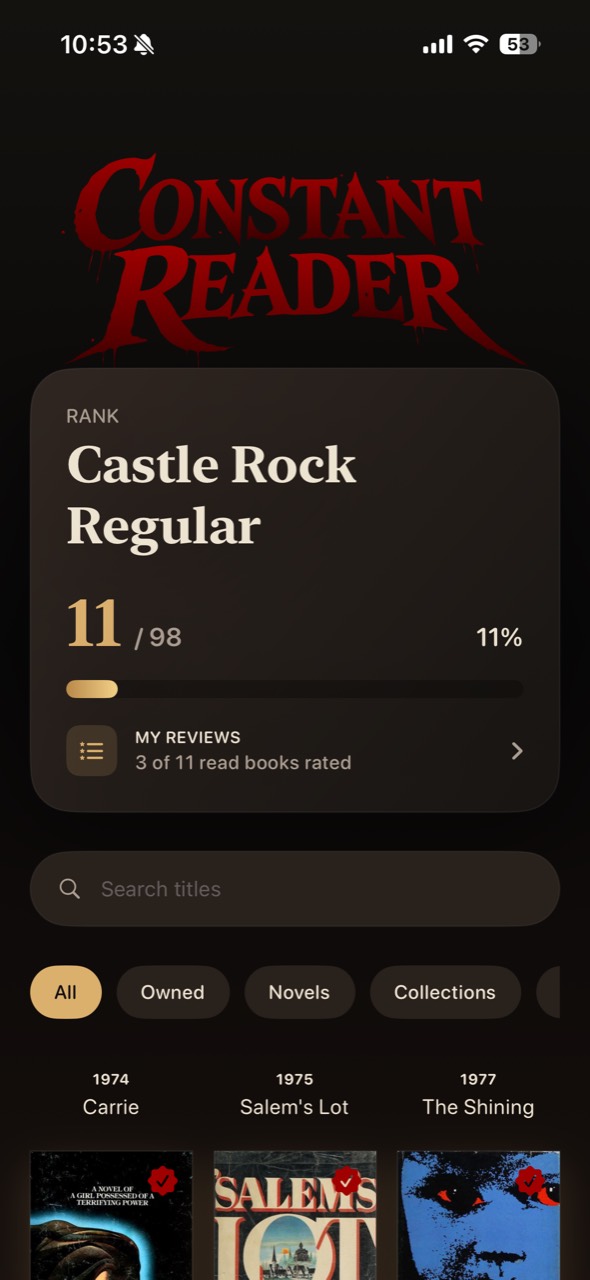 Constant Reader book tracking screen