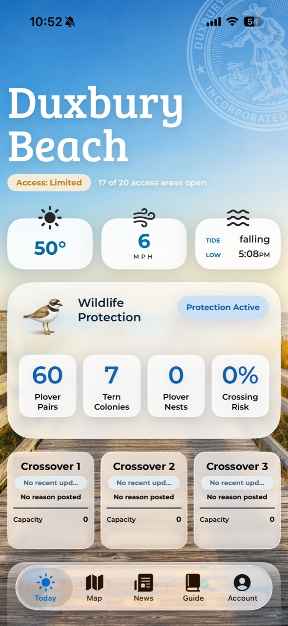 Duxbury Beach conditions screen