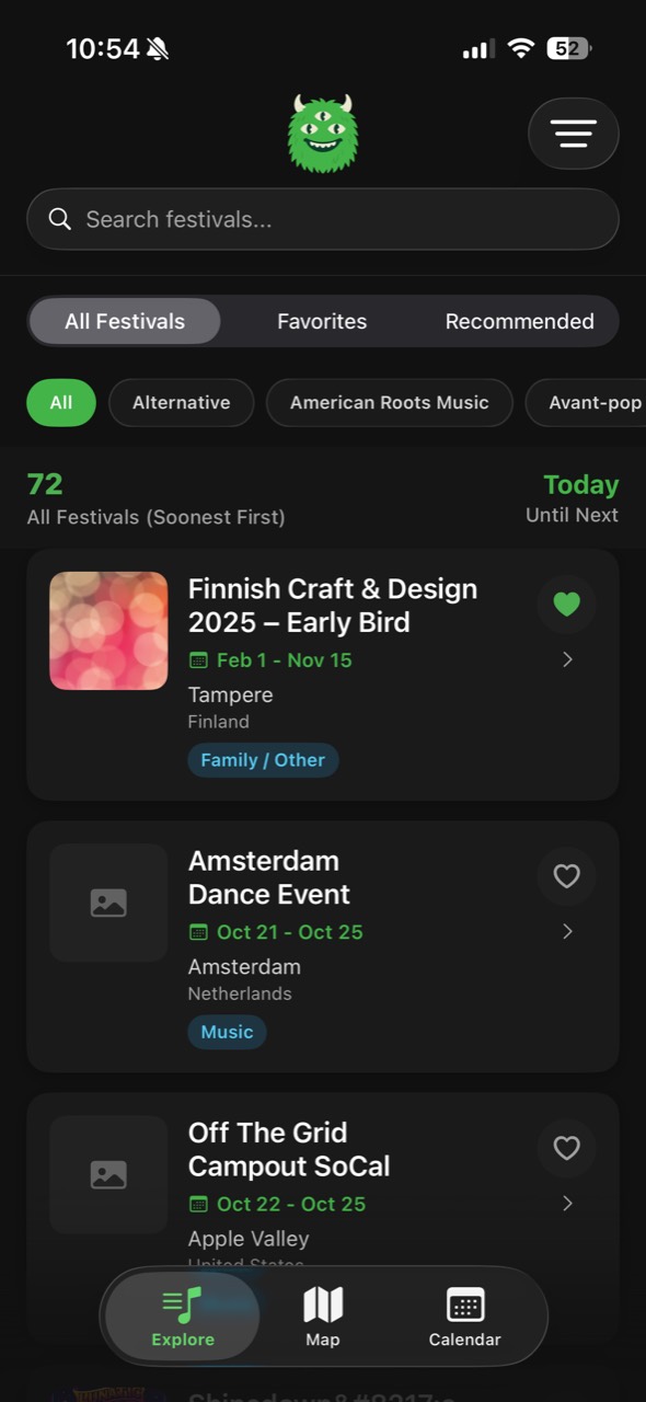 Festy festival list screen