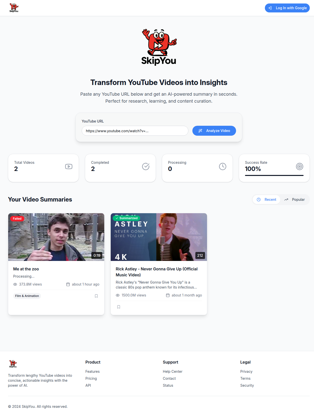 SkipYou dashboard for analyzing YouTube videos