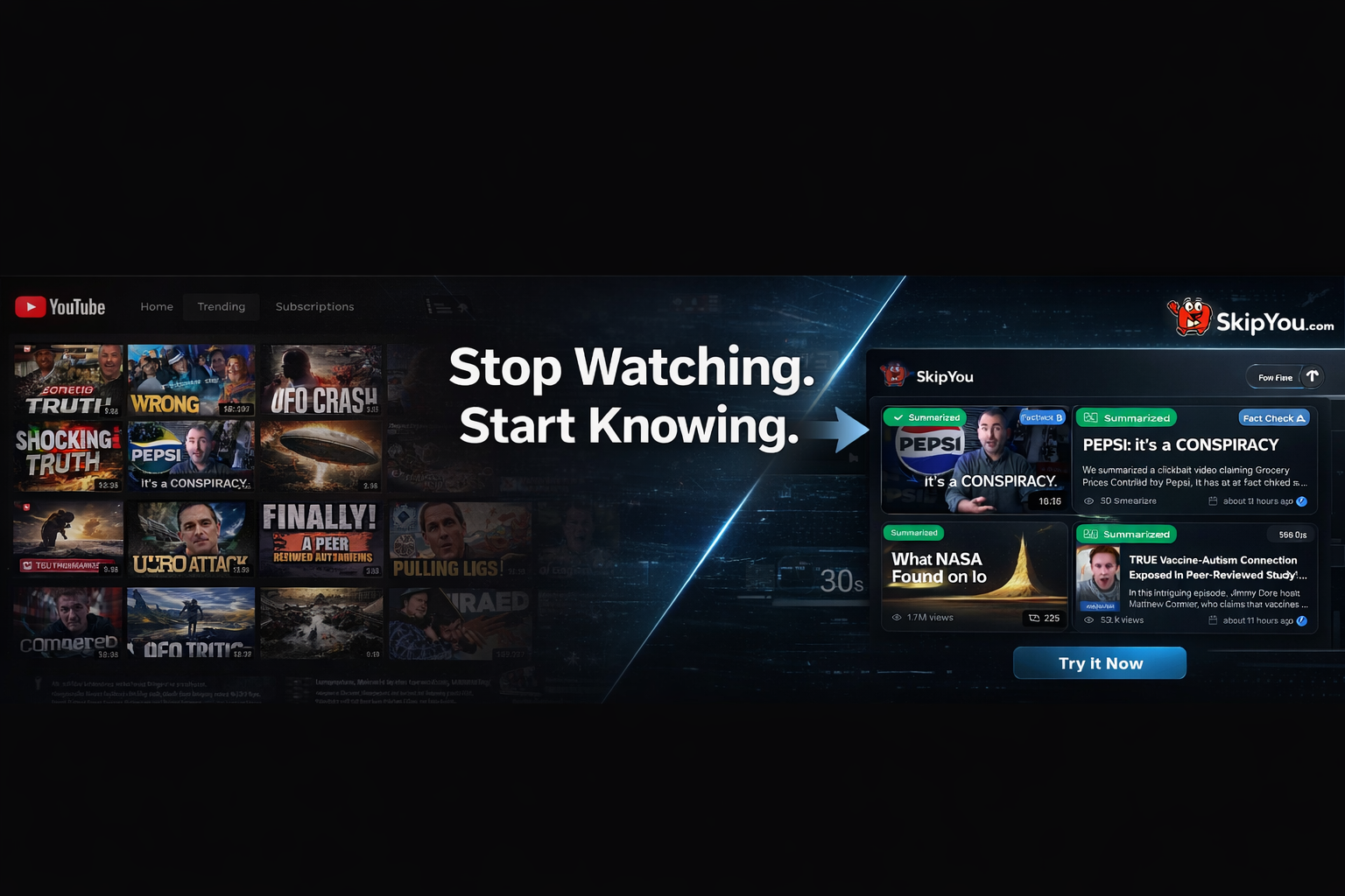 SkipYou launch artwork showing video clickbait transformed into a useful summary