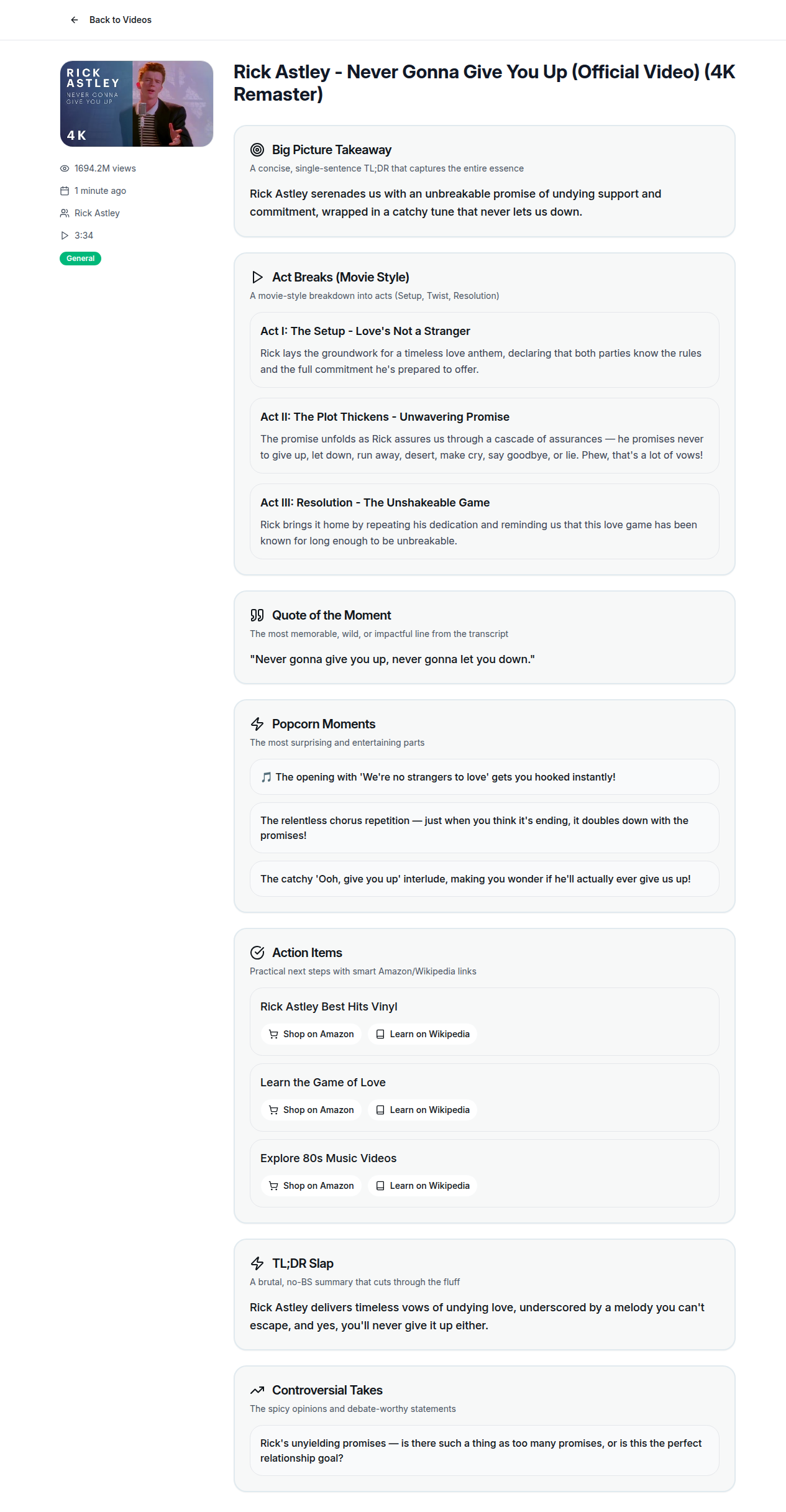 SkipYou detailed summary with act breaks, quotes, action items, and a concise recap