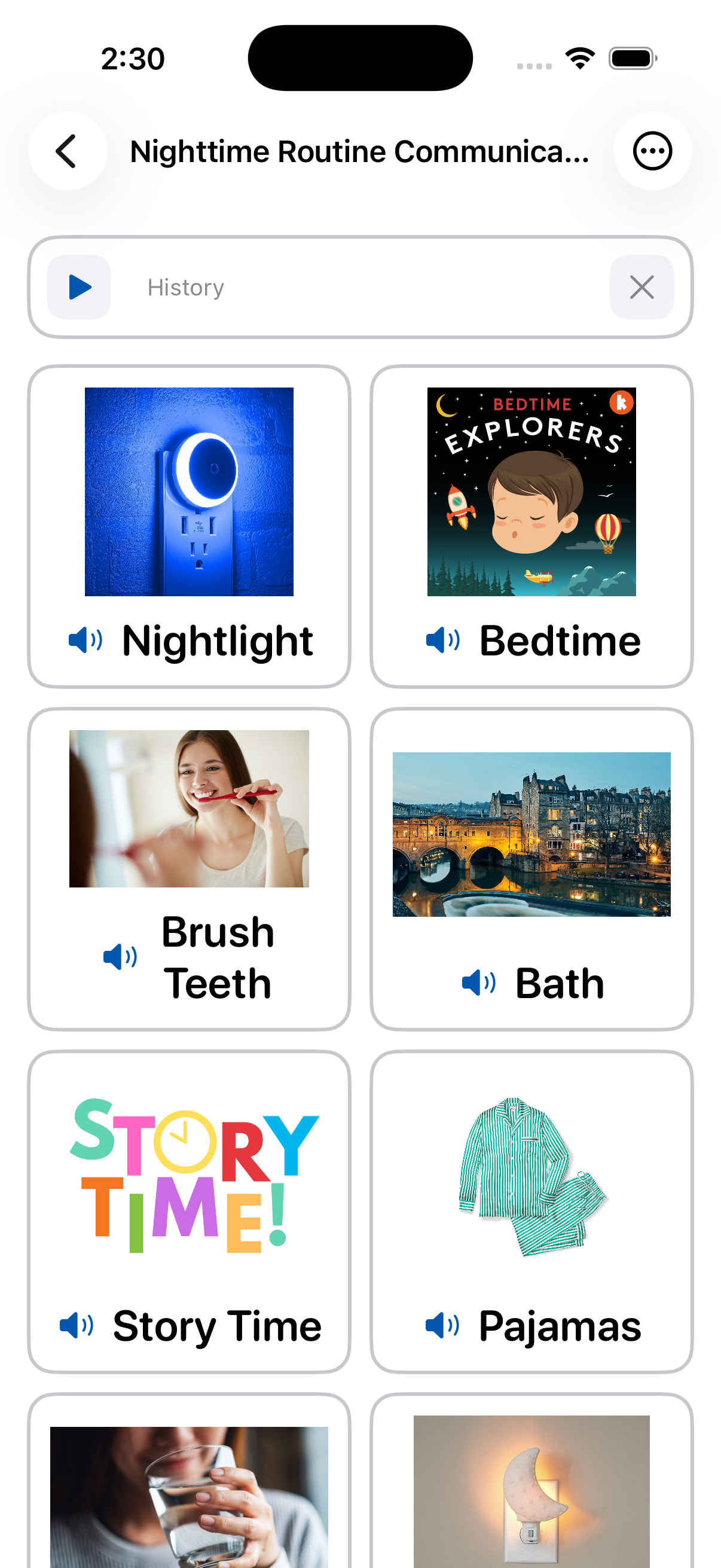 Tap Chat nighttime routine communication board on iPhone