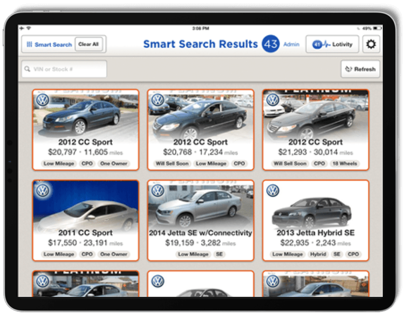 Vast automotive inventory search displayed on a tablet