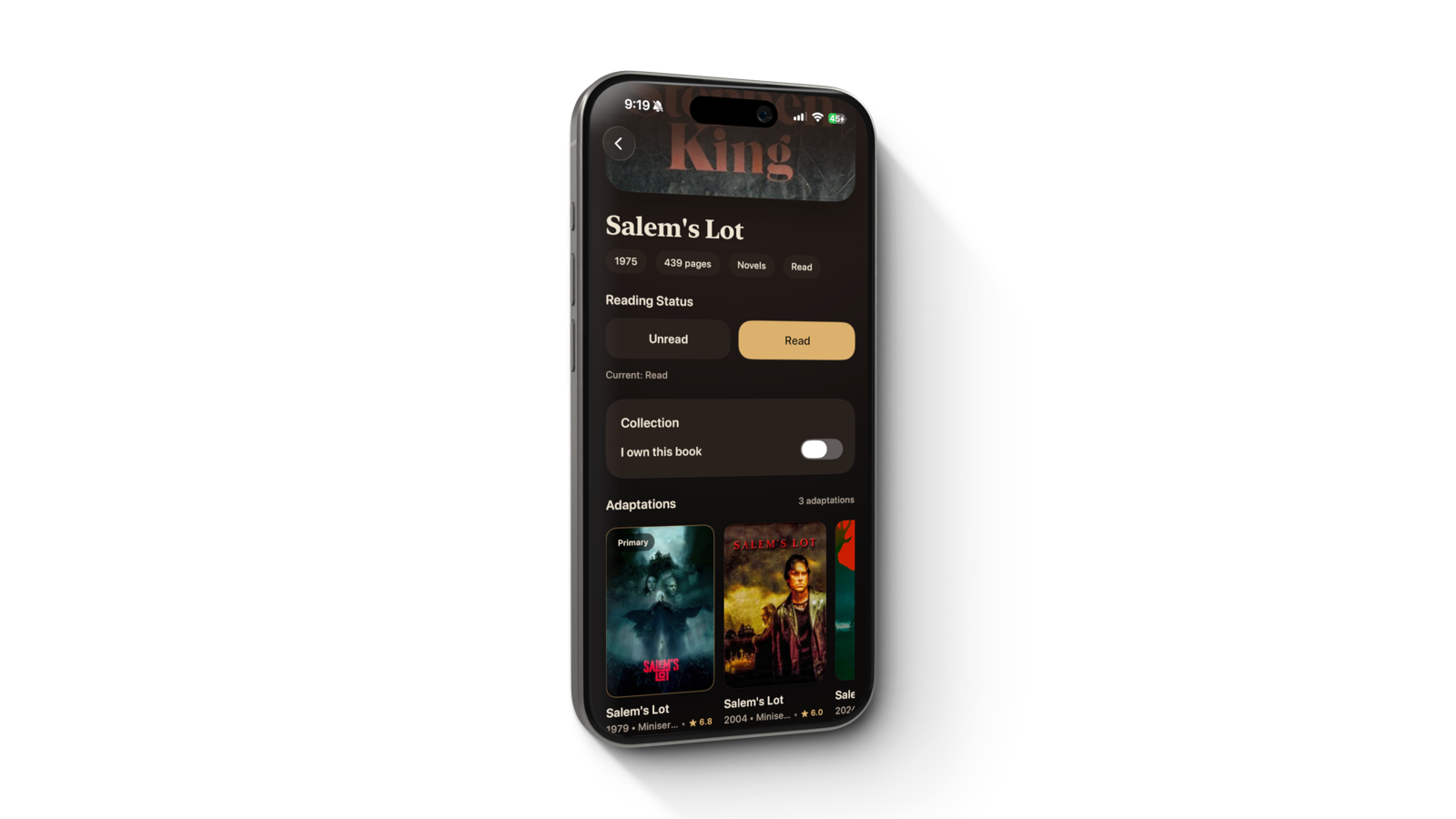 Constant Reader book details displayed on an angled iPhone