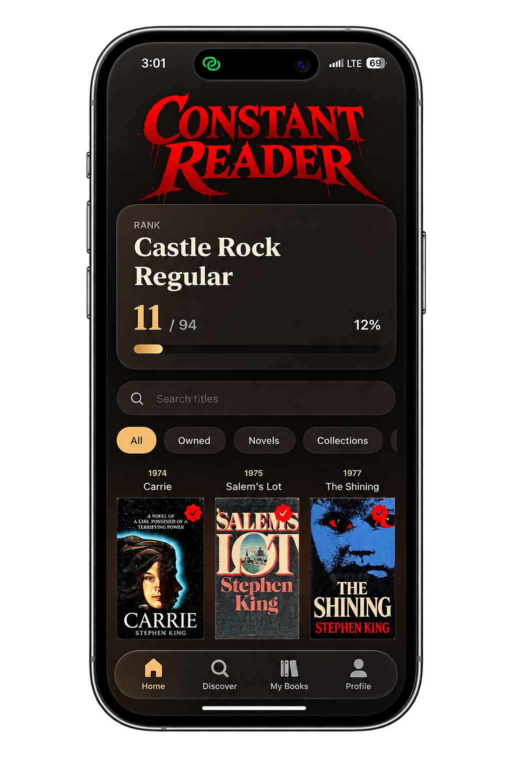 Constant Reader library displayed on an iPhone