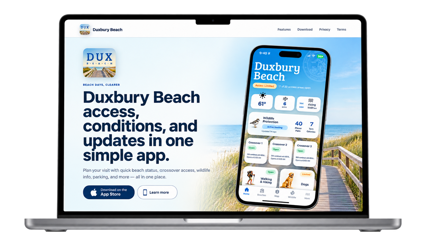 Duxbury Beach website displayed on a MacBook