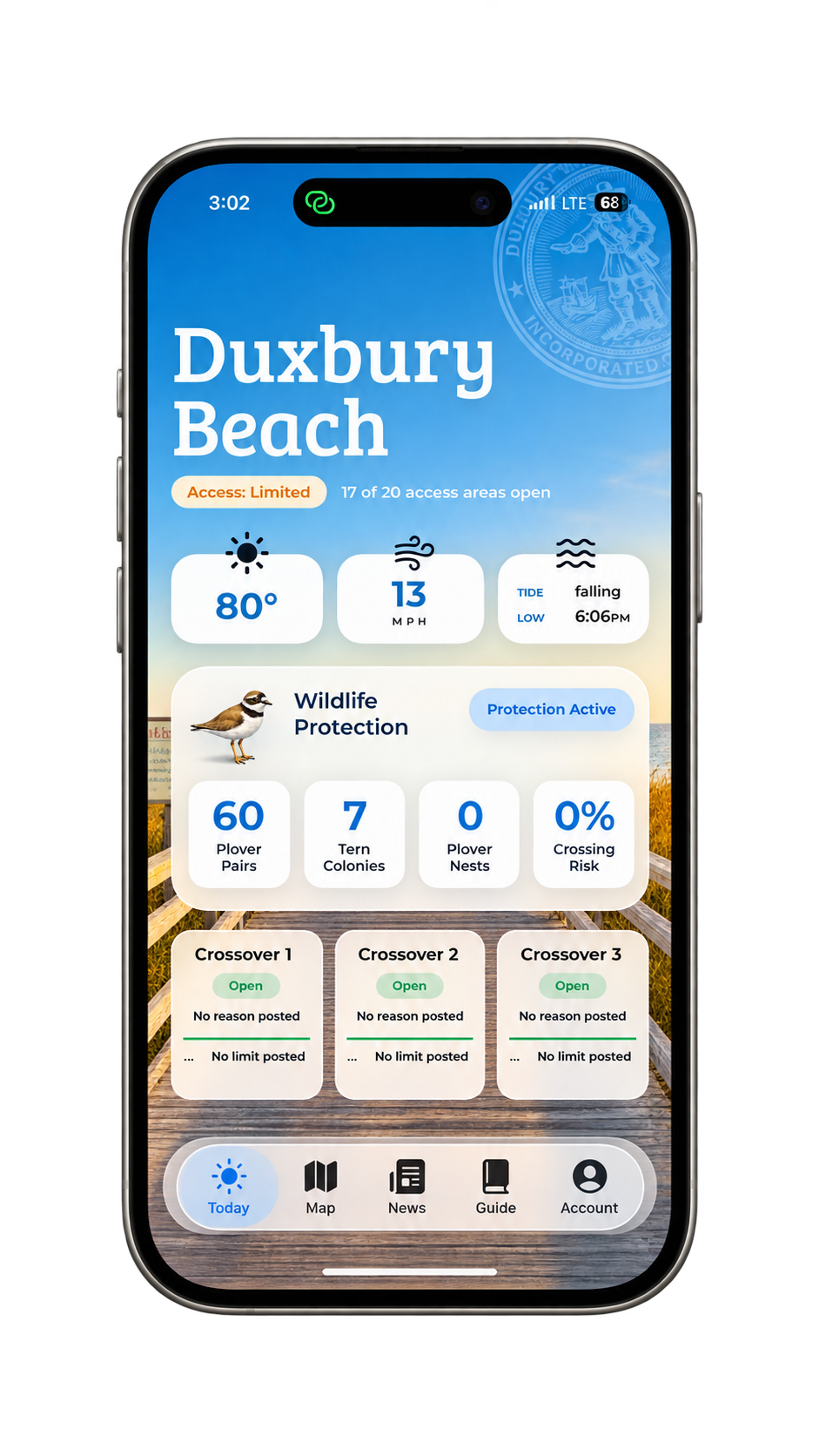 Duxbury Beach app displayed on an iPhone