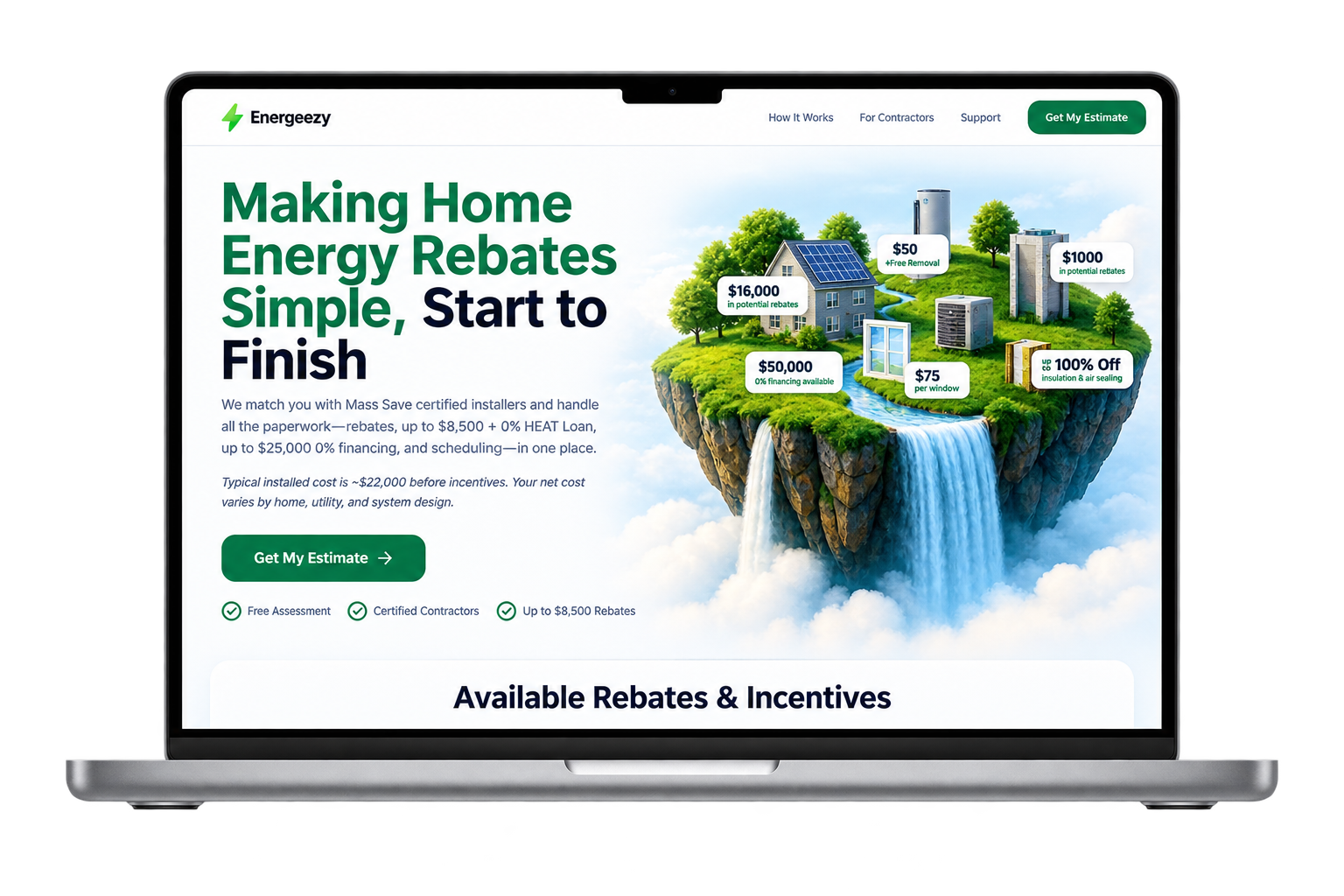 Energeezy website displayed on a MacBook