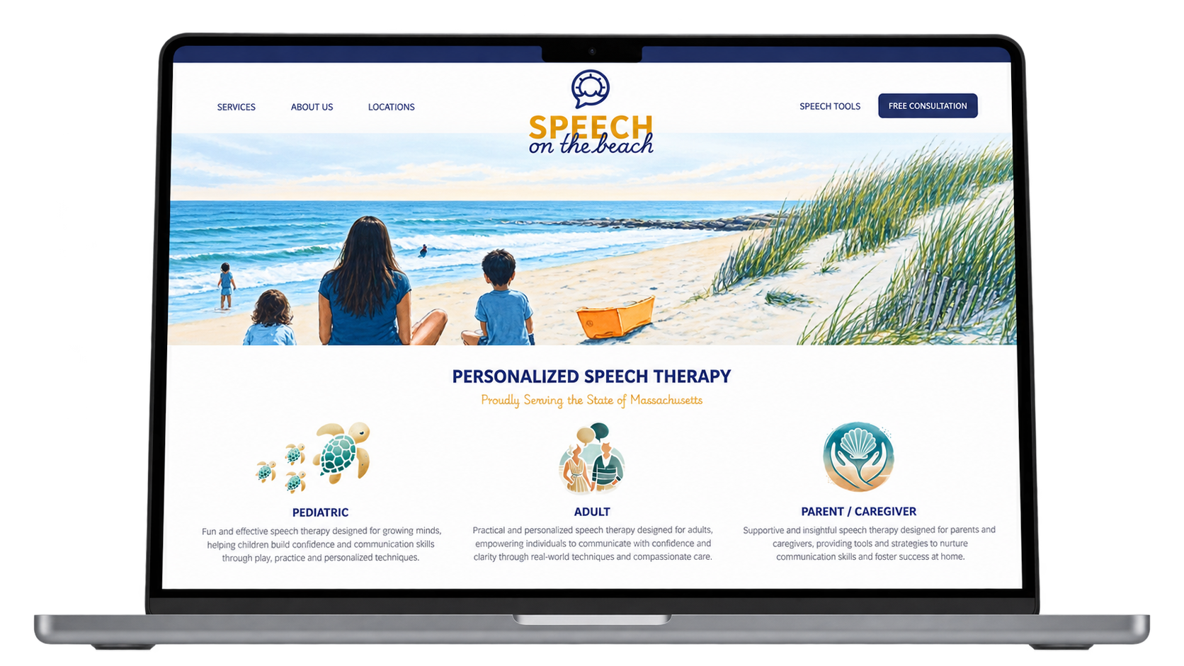 Speech on the Beach website displayed on a MacBook