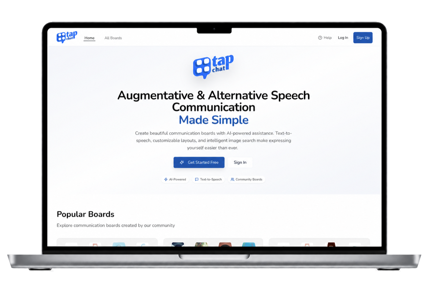 Tap Chat AAC platform displayed on a MacBook