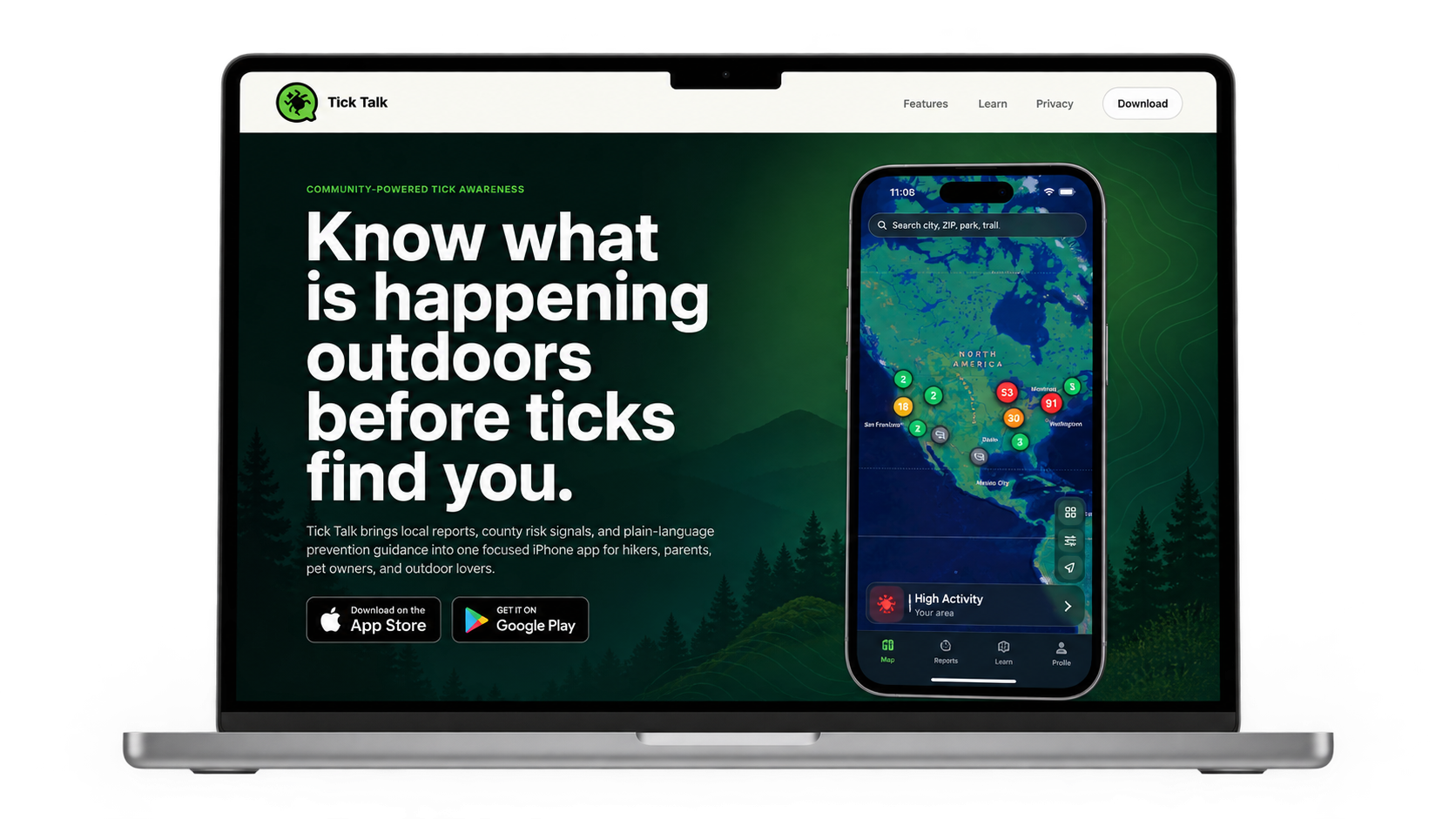 Tick Talk website displayed on a MacBook